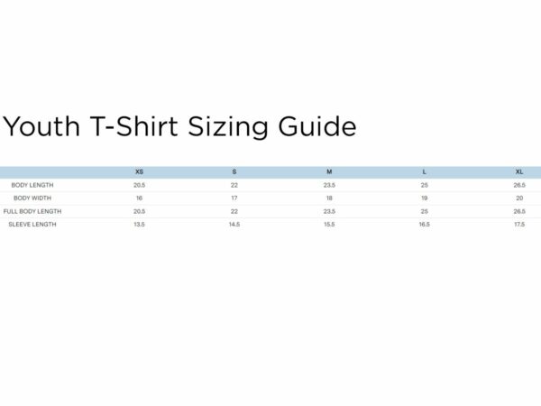 Sizing guide for the 2000B/G200B Youth Gildan Ultra Cotton T-Shirt